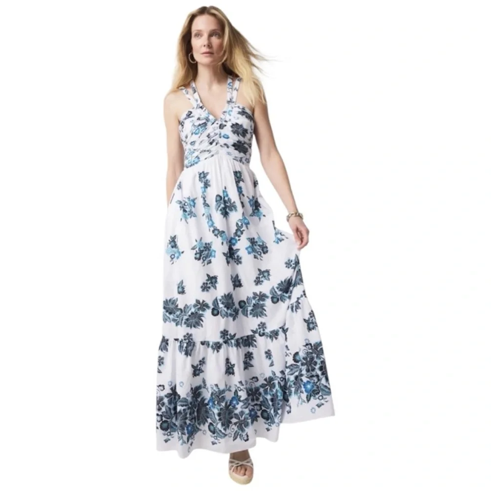 NWT White House black market rain floral halter maxi spcl blue dress size 8 - Picture 1 of 5